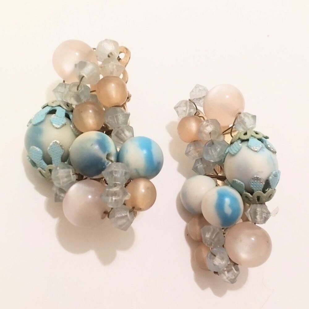 Vintage Japan Aqua Blue White Bead Cluster Clip Earrings Mid Century